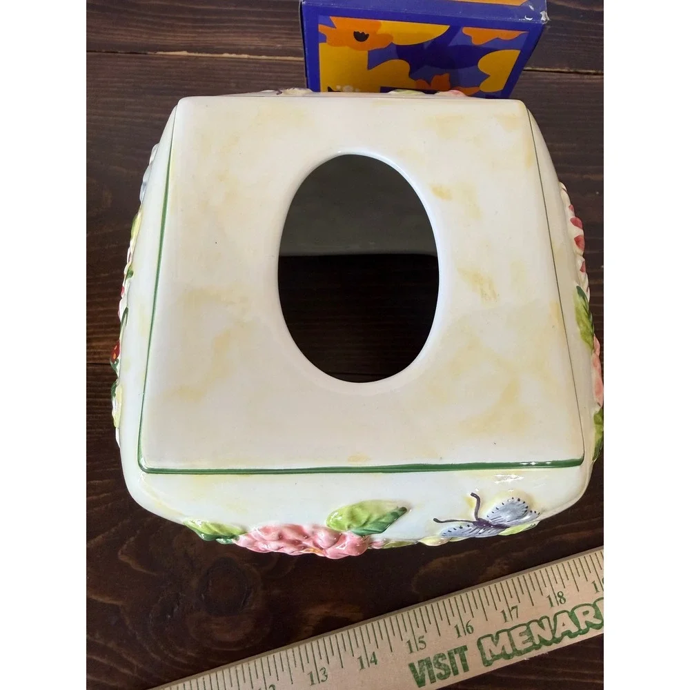 VTG Pamela Gladding Floral Ceramic Tissue Box Cover Butterfly